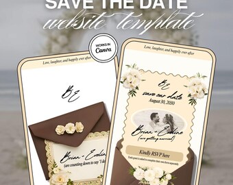 Modello per sito web di matrimonio color crema e marrone: 3 pagine, modificabili con Canva, per annunciare la data del matrimonio (RSVP).