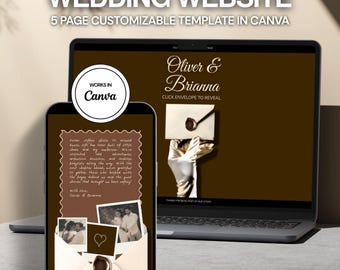 Sito web di 5 pagine per matrimonio marrone con RSVP e storia d'amore: modello di invito Canva naturale (download digitale)