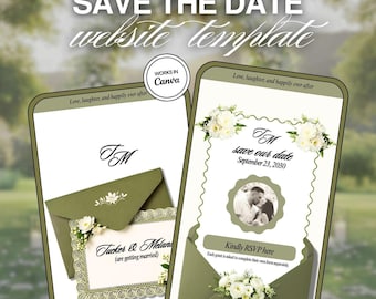 Olive Green Floral Wedding Website Template with RSVP: Editable Canva Save the Date (Digital Download)