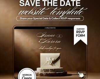 Modello di sito web "Save the Date" di lusso scuro: invito di nozze modificabile di 3 pagine su Canva (RSVP)