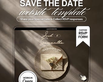 Modello di sito web Save the Date con tema scuro: invito modificabile Canva di 3 pagine (RSVP)