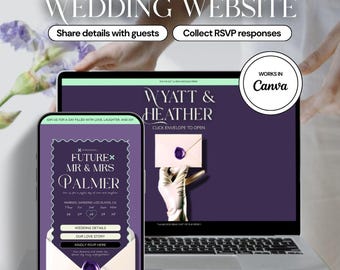 Sito web per matrimonio arioso viola e menta con RSVP: modello di invito divertente (modificabile in Canva)