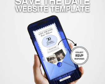Modello "Save the Date" blu notte: elegante invito al sito web di nozze con RSVP (modificabile in Canva)