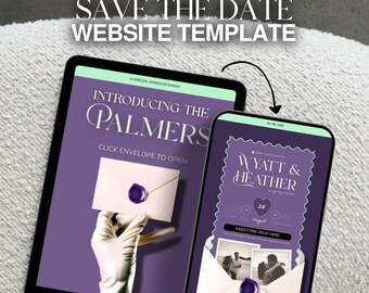 Modello Canva Save the Date viola e menta di 2 pagine: invito al sito web di nozze con RSVP (download digitale)