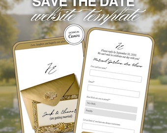 Golden Theme Wedding Save the Date Website Template: 3 Pages Canva Editable Invitation (RSVP)