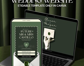 Sito web Canva di 5 pagine in verde salvia e avorio con RSVP: modello di invito di nozze (download digitale)