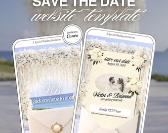 Coastal Wedding Save the Date Website Template: 3 Pages Canva Editable Invitation (RSVP)
