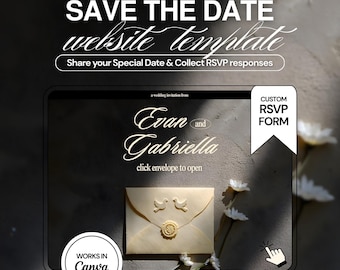 Elegante template scuro per sito web di matrimonio: moderno invito "Save the Date" con modulo di conferma presenza (Canva)