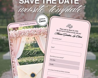 Pink & Green Floral Wedding Website Template with RSVP: Editable Canva Save the Date (Digital Download)