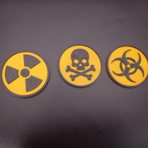 Pode incluir: Três sinais de advertência amarelos e pretos. O primeiro sinal tem um símbolo de radiação preto, o segundo sinal tem uma caveira e ossos cruzados pretos, e o terceiro sinal tem um símbolo de risco biológico preto.