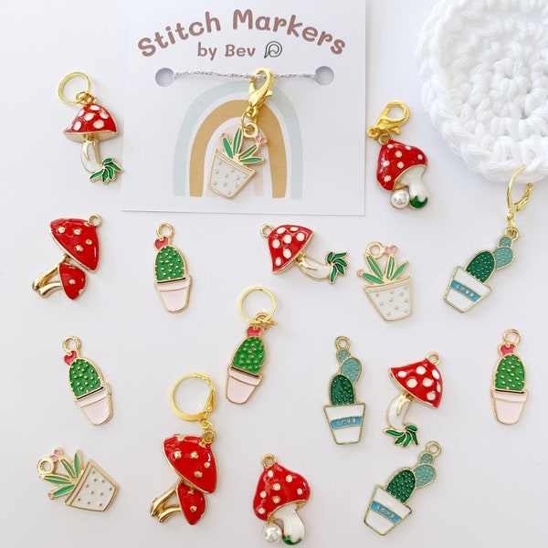 SUCCULENT, MUSHROOM stitch markers, stitch markers for knitting and crochet, cute enamel charm stitch markers