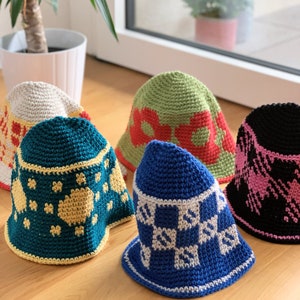 Crochet Checkered Bucket Hat, Customizable in different colors image 9