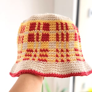 CROCHET BUCKET HAT, Checkered Plaid Bucket Hat, Customizable in different colors