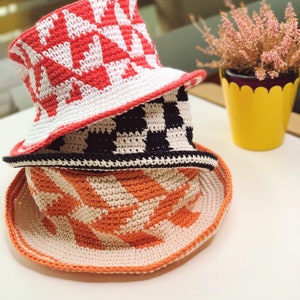 Crochet Checkered Bucket Hat, Customizable in different colors image 8