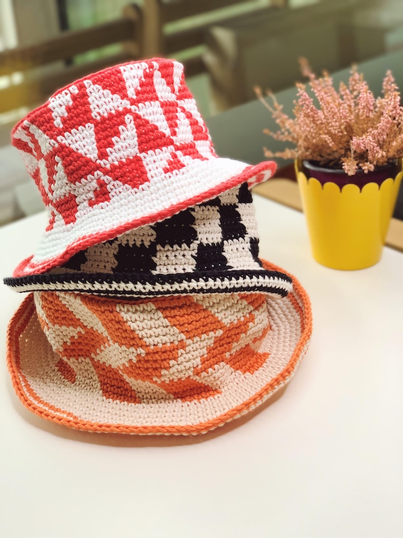 Crochet Checkered Bucket Hat, Customizable in different colors image 8