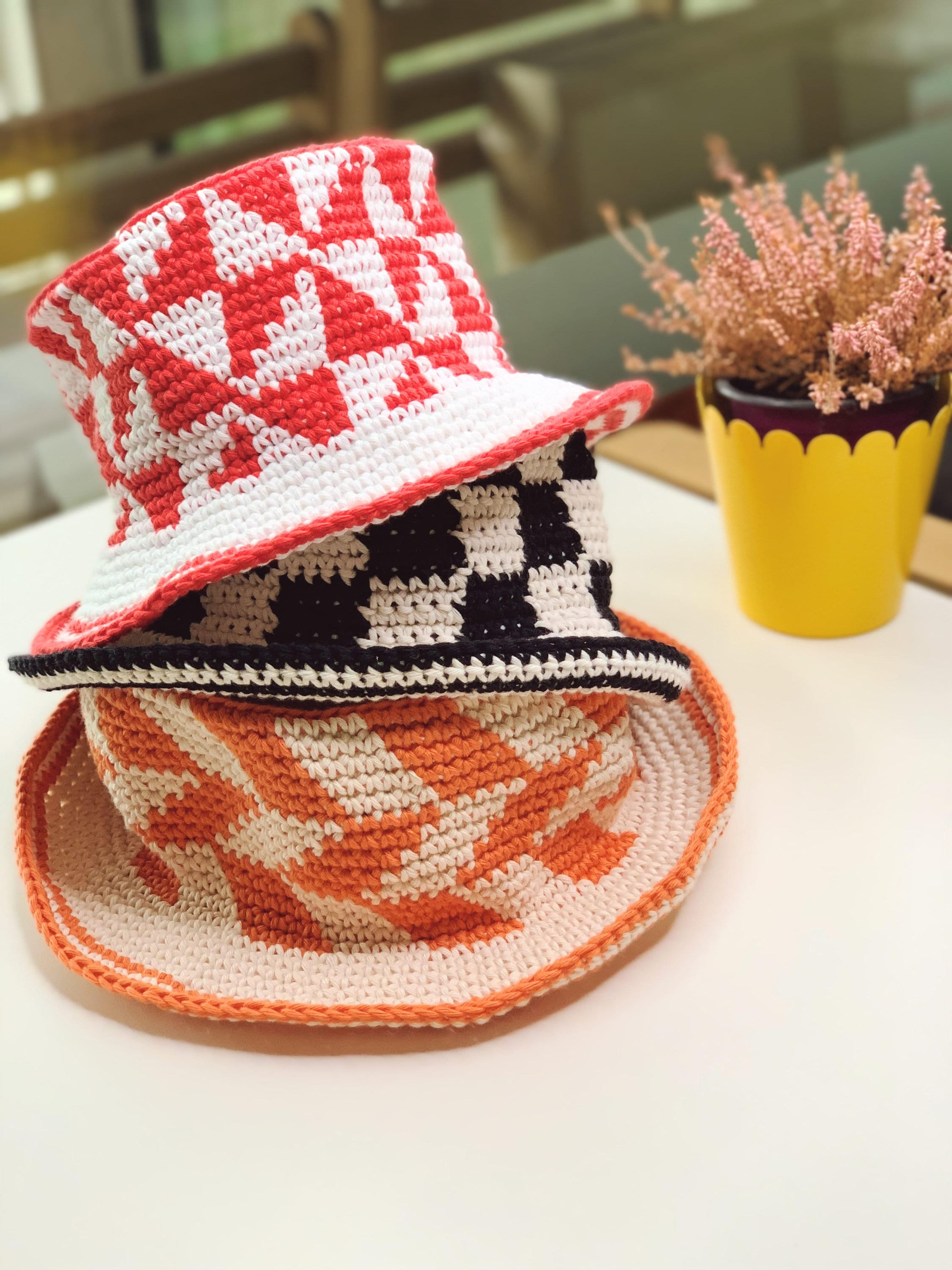Crochet Checkered Bucket Hat, Customizable in Different