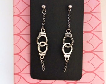 Cute handcuff earrings. Dangle drop handcuff earrings. Original christmas gift for lovers. Freedom. Handcuffs with chains. Lovers gift