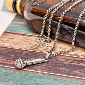 Microphone necklace  Unisex music jewelry  Hypoallergenic stainless steel chain  Cute gift for singers, musicians and karaoke lovers