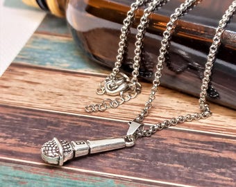 Microphone necklace  Unisex music jewelry  Hypoallergenic stainless steel chain  Cute gift for singers, musicians and karaoke lovers