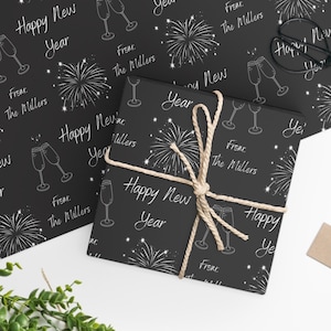 Personalized Happy New Year wrapping paper, Custom name wrapping paper, Holiday firework gift wrap, Black wrapping paper, New Year gift wrap