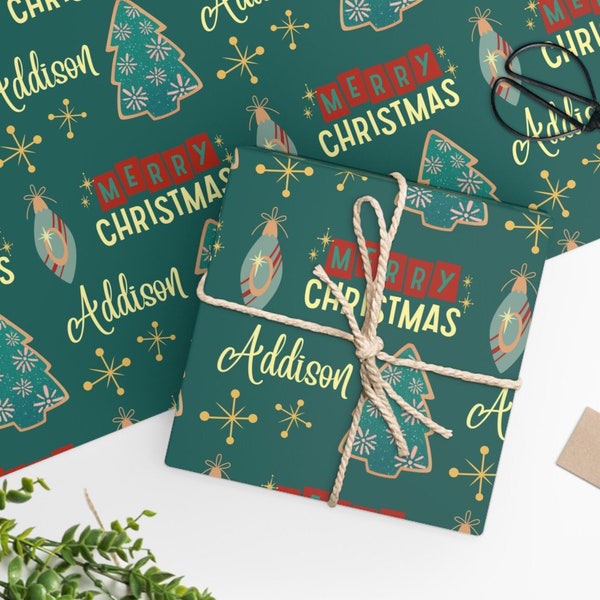 Personalized retro Christmas wrapping paper, Custom name gift wrap, Unique mid mod Xmas paper, Vintage looking wrapping paper, No tag gifts