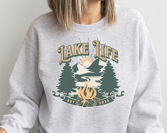 Rustic Lake Life Sweatshirt: Campfire, Mountains, Pine Trees