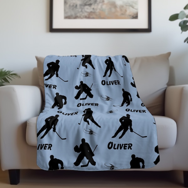 Personalized hockey Sherpa Fleece Blanket, Custom Velveteen plush sport blanket, Hockey player gift, Christmas gift for son, Hockey Mom gift