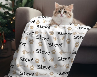 Personalized plush cat blanket, Custom name kitty blanket, Gift for cat mom, Cat present, Pet memorial gifts, Blanket for cat bed, Cat paws