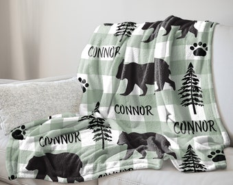 Personalized kids plush blanket, Kids bear camping blanket, Custom child blanket, New baby shower gift, Christmas gift for son or grandson
