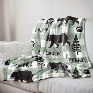 Personalized kids plush blanket, Kids bear camping blanket, Custom child blanket, New baby shower gift, Christmas gift for son or grandson