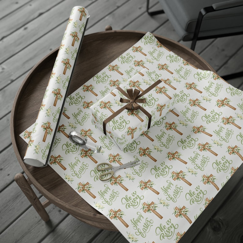 Christian Easter Wrapping Paper: Cross & "He is Risen" Design image 2