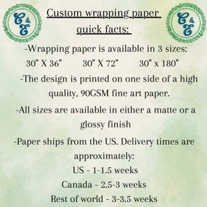 Op de afbeelding: Tekst op een groene achtergrond met een logo van een groene C en E met een ampersand ertussen. De tekst luidt "Klantgeschenkenpapier snelle feiten: -Inpakpapier is verkrijgbaar in 3 maten: 30" X 36" 30" X 72" 30" x 180" -Het ontwerp is gedrukt op &eacute;&eacute;n zijde van een hoogwaardig 90GSM-kunstpapier. -Alle maten zijn verkrijgbaar in een matte of glanzende afwerking -Papier wordt verzonden vanuit de VS. Levertijden zijn ongeveer: VS - 1-1,5 weken Canada - 2,5-3 weken Rest van de wereld - 3-3,5 weken"