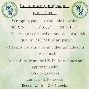 Puede incluir: Texto sobre un fondo verde con un logotipo de una C y una E verdes con una ampersand entre ellas. El texto dice "Papel de regalo personalizado hechos r&aacute;pidos: -El papel de regalo est&aacute; disponible en 3 tama&ntilde;os: 30" X 36" 30" X 72" 30" x 180" -El dise&ntilde;o est&aacute; impreso en un lado de un papel de arte fino de alta calidad, 90GSM. -Todos los tama&ntilde;os est&aacute;n disponibles en acabado mate o brillante -El papel se env&iacute;a desde los EE. UU. Los tiempos de entrega son aproximadamente: EE. UU. - 1-1,5 semanas Canad&aacute; - 2,5-3 semanas Resto del mundo - 3-3,5 semanas"