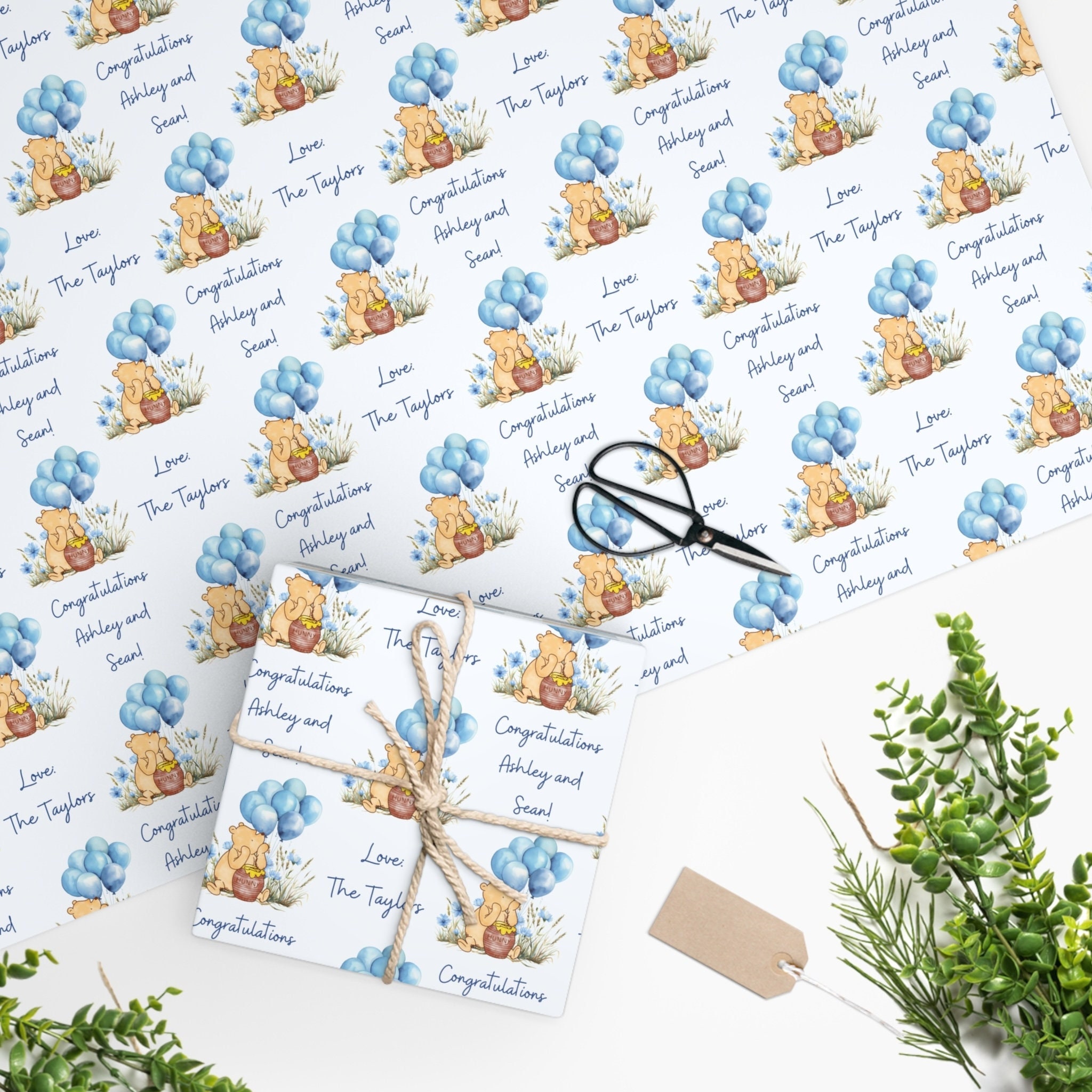 Personalized classic Winnie wrapping paper, Baby shower gift paper, Custom name paper, Kid Birthday present wrapping, New baby gift wrap