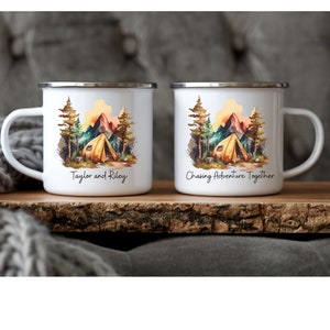 Personalized Couples Enamel Camping Mug, Custom Engagement gift, Wedding gift, Couples Adventure, Camping gifts, Camping lovers, RV trip