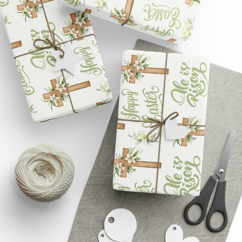 Christian Easter Wrapping Paper: Cross & "He is Risen" Design image 3