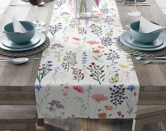 Wildflower table runner for dinner party, country home decor, cotton or polyester runner, pretty kitchen decor, gift for mom, summer gift