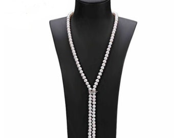 8-9mm, Opera Length Sweater Pearl Necklace (Adjustable), White Freshwater