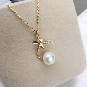 7-8mm, 14k Gold Plated, Freshwater Pearl Dragonfly Necklace, Zircon, AAAA