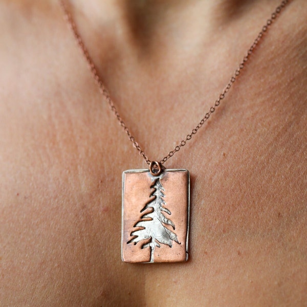 Copper and sterling silver pierced evergreen tree Pendant necklace