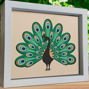Paon 3D, Svg Shadow Box, Fichiers papier découpé, Projets Cricut 3D, Fichiers découpés au laser, Svg multicouches, Calques colorés, Svg léger