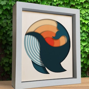 Balena 3D e tramonto, file tagliati con carta, Shadow Box Svg, per Cricut, Papercraft 3d, file tagliati al laser
