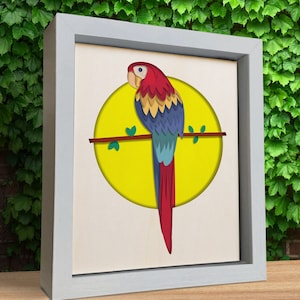 Loro colorido 3D SVG, caja de sombra SVG, pájaro 3D SVG, archivos para Cricut, para Silhouette, archivos CNC SVG