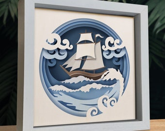 3D-zeilschip drijvend, Shadow Box Svg, voor Cricut en Silhouette, gebruiksvriendelijk
