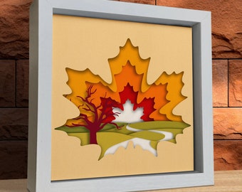 3d Fall Landscape, Shadow Box Svg, Maple Leaf, for cricut, for Silhouette, CNC cutting, Svg, Dxf, Eps, Png Formats