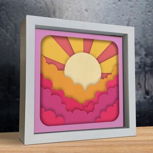 3D Bewölkter Sonnenuntergang Himmel Schatten Box - Cricut & Silhouette Dateien | SVG, Dxf, Eps, Png-Formate für CNC-Schneiden