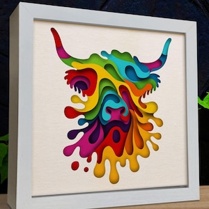 Vache Highland en couches SVG, modèle de boîte d'ombre, Shadowbox de décoration d'intérieur, papier cartonné en couches, papier découpé pour Cricut pour la silhouette, facile à utiliser