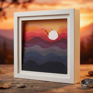 3D-skuggbox för bergssolnedgång SVG | Pappersklippt landskap i lager | Naturmall för Cricut och Laser | DIY-papperspysselfiler