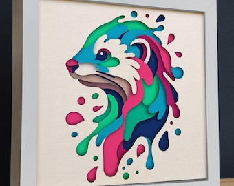 May include: A white framed paper art print of a colorful animal head with blue, green, pink, and brown paper cutouts. The animal is surrounded by colorful paper cutouts that resemble water droplets.