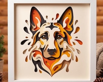 3D German Shepherd Shadow Box SVG, Layered Pet Memorial